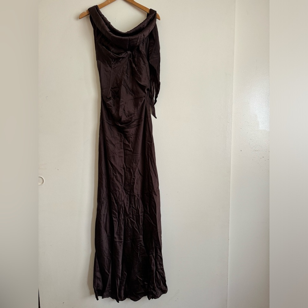One-Shoulder 100% Silk Satin Evening Gown in Chocolate Brown - Picture 6 of 12